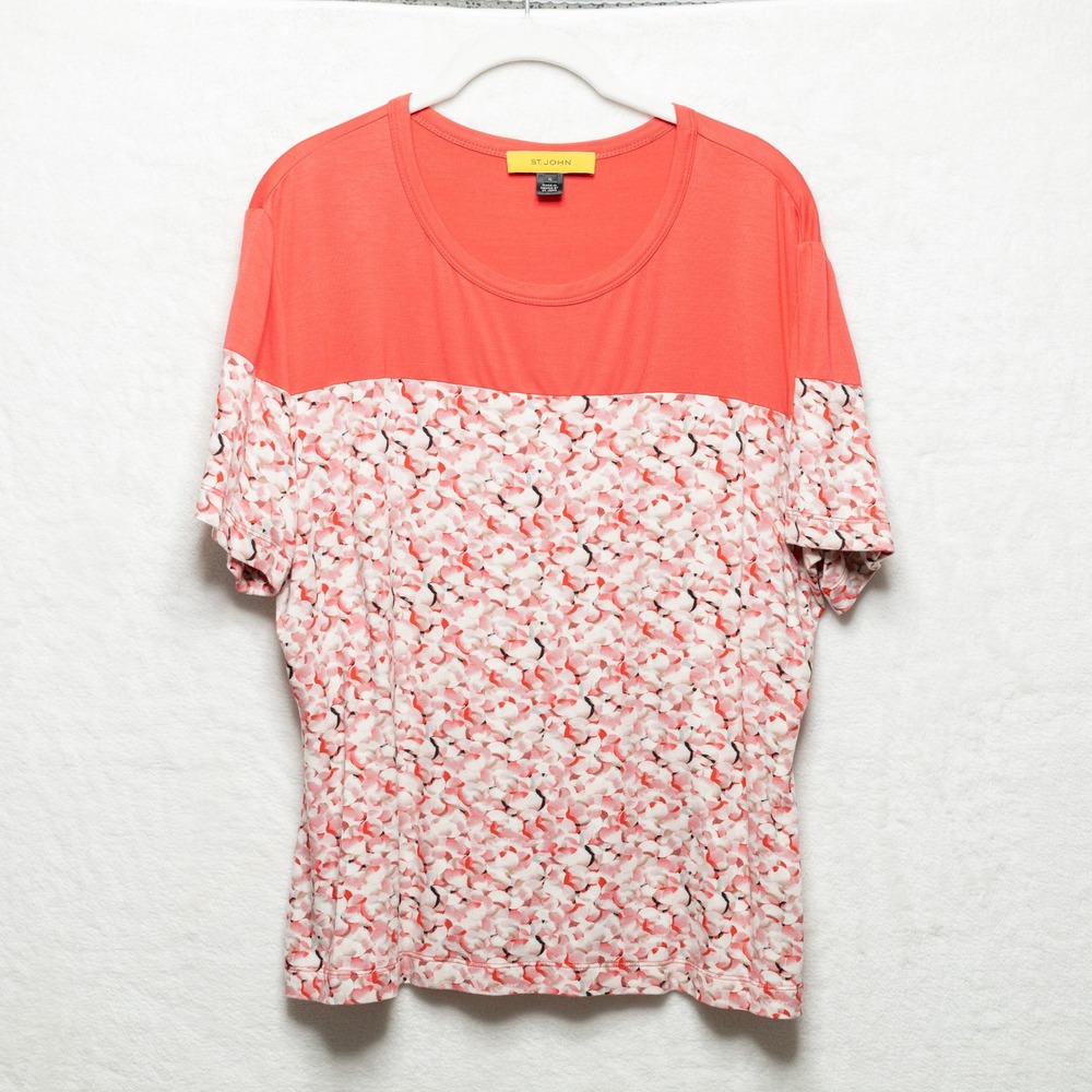 ST JOHN Floral Jersey Knit Tee Colorblock Feminine Resort Vacation Coral Sz XL